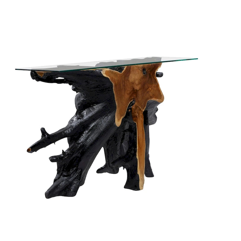 Console in legno di teak con piano in vetro trasparente - Nero - Roche River Decor - 16L x 49P x 32H