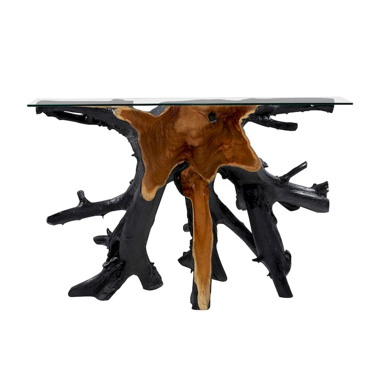 Console in legno di teak con piano in vetro trasparente - Nero - Roche River Decor - 16L x 49P x 32H