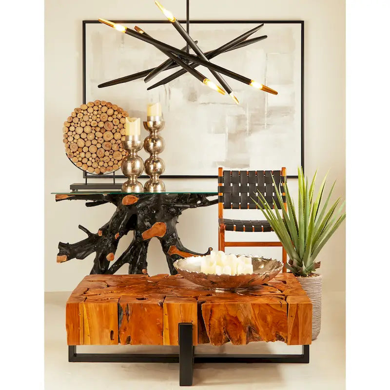 Console in legno di teak con piano in vetro trasparente - Nero - Roche River Decor - 16L x 49P x 32H