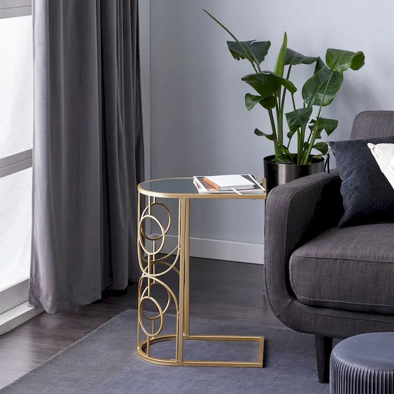 Tavolino d'appoggio geometrico in metallo con piano in vetro a specchio - Oro - Roche River Decor - 19L x 12P x 24A