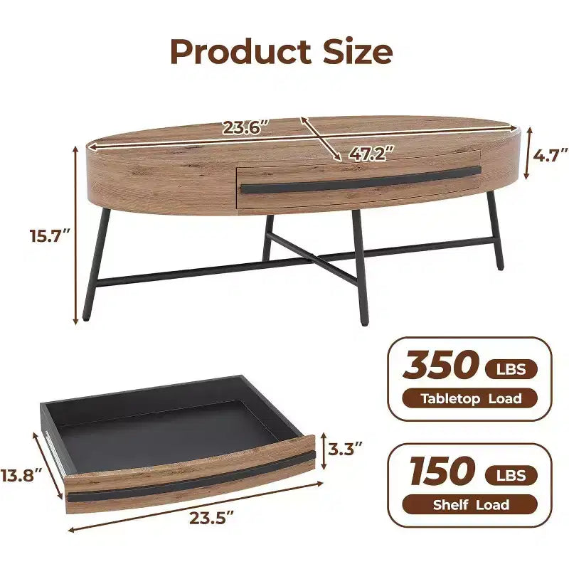 Acekool Oval Coffee Table with Drawer, 47.2 Wooden Storage Table with Cross Metal Legs  Mid-Century Modern Center Table in Natural & Golden Willow