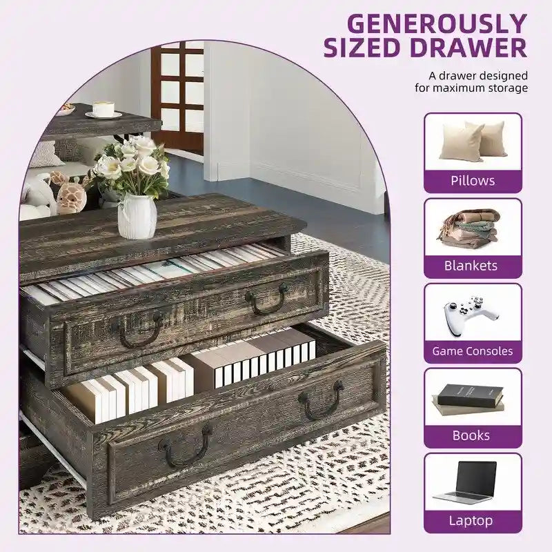 Tavolino quadrato sollevabile Moasis Farmhouse con contenitore
