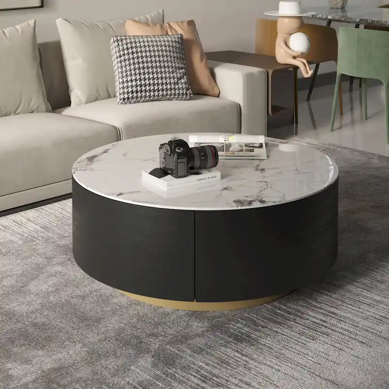 Tavolino da caffè rotondo moderno con piano in marmo, base in metallo e 2 cassetti