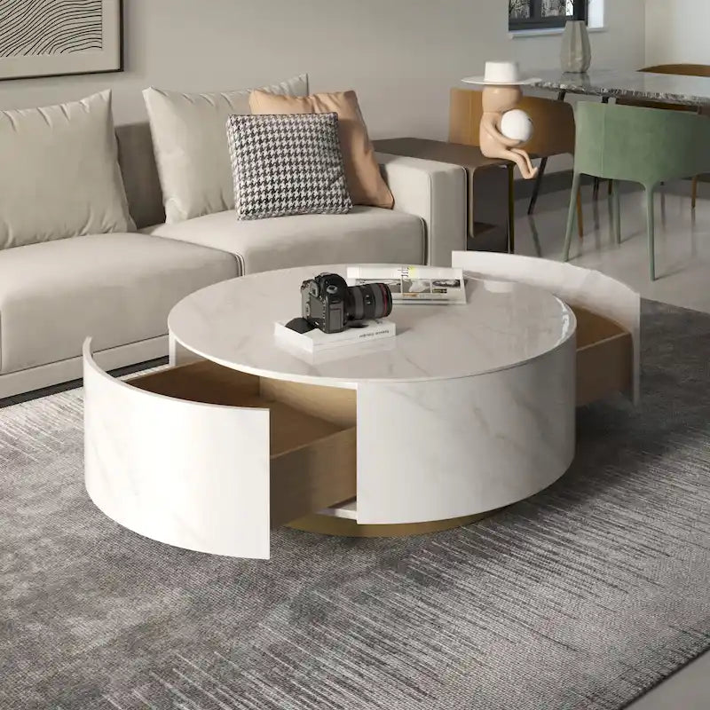 Tavolino da caffè rotondo moderno con piano in marmo, base in metallo e 2 cassetti