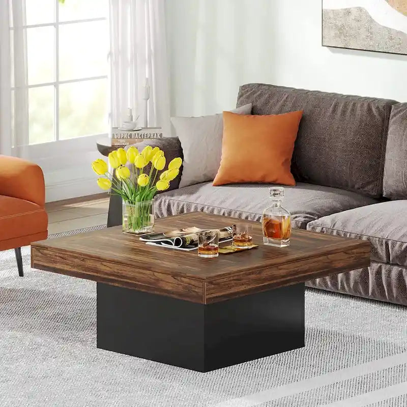 Tavolino da caffè quadrato con LED stile rustico, in legno composito, per soggiorno