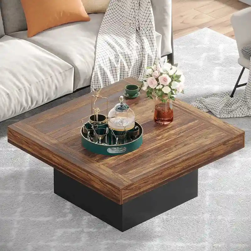 Tavolino da caffè quadrato con LED stile rustico, in legno composito, per soggiorno