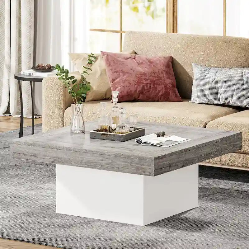 Tavolino da caffè quadrato con LED stile rustico, in legno composito, per soggiorno