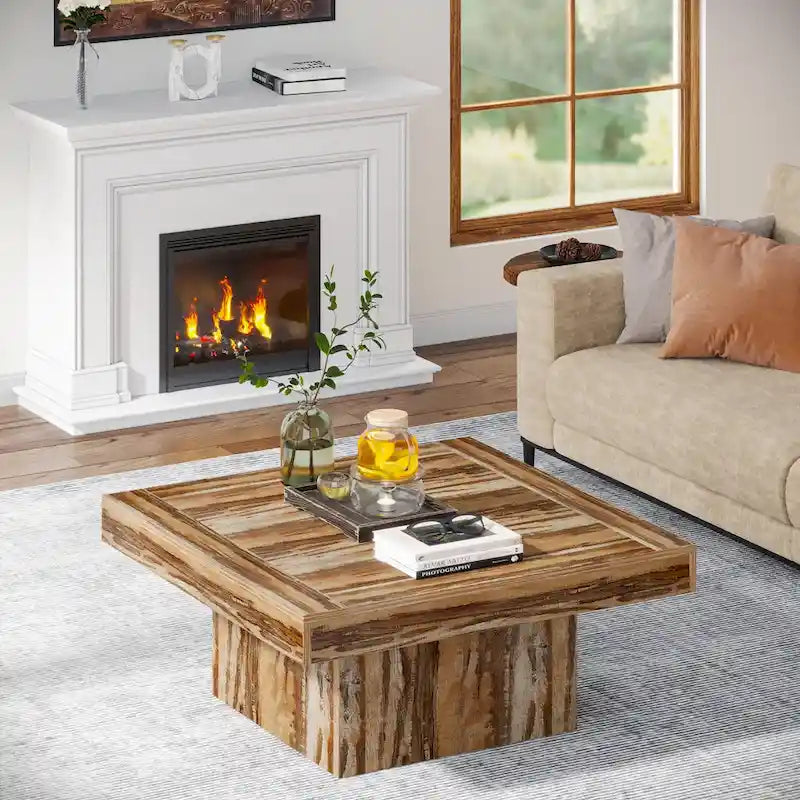Tavolino da caffè quadrato con LED stile rustico, in legno composito, per soggiorno