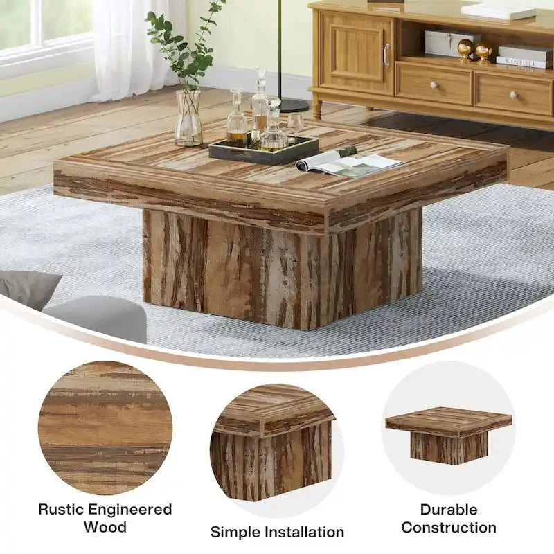 Tavolino da caffè quadrato con LED stile rustico, in legno composito, per soggiorno