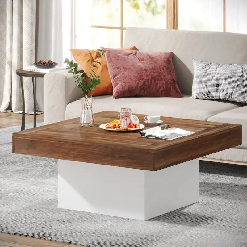 Tavolino da caffè quadrato con LED stile rustico, in legno composito, per soggiorno
