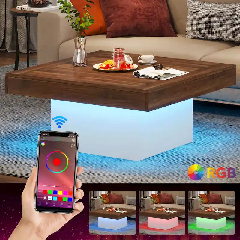 Tavolino da caffè quadrato con LED stile rustico, in legno composito, per soggiorno