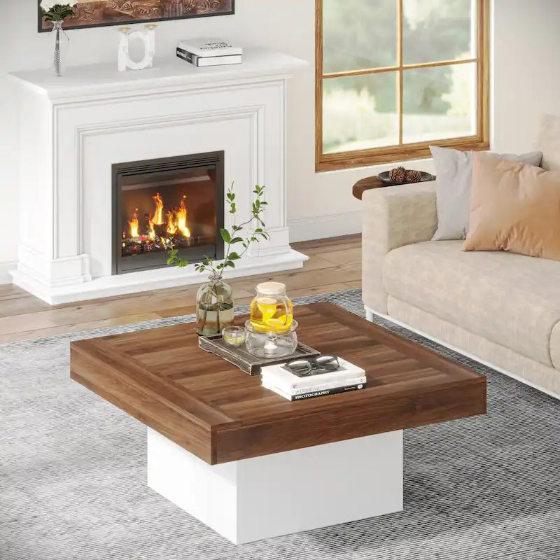 Tavolino da caffè quadrato con LED stile rustico, in legno composito, per soggiorno