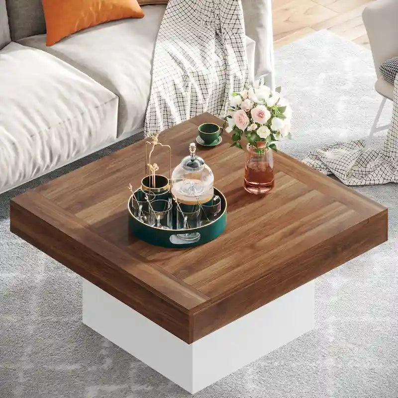 Tavolino da caffè quadrato con LED stile rustico, in legno composito, per soggiorno