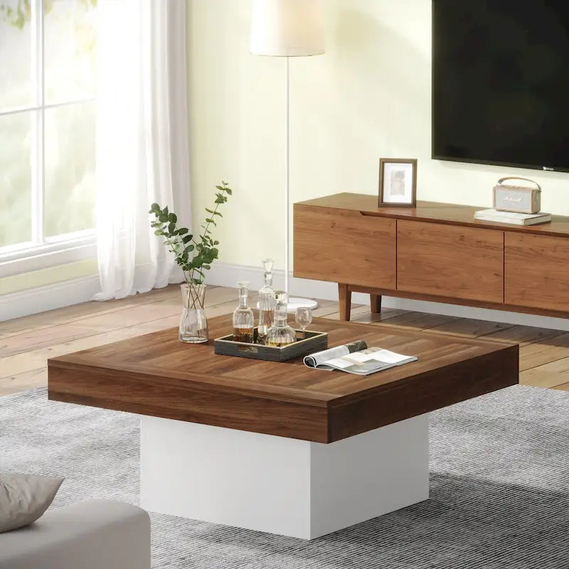 Tavolino da caffè quadrato con LED stile rustico, in legno composito, per soggiorno