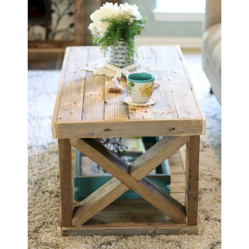 Tavolino da Caffè in Legno con Gambe a X
