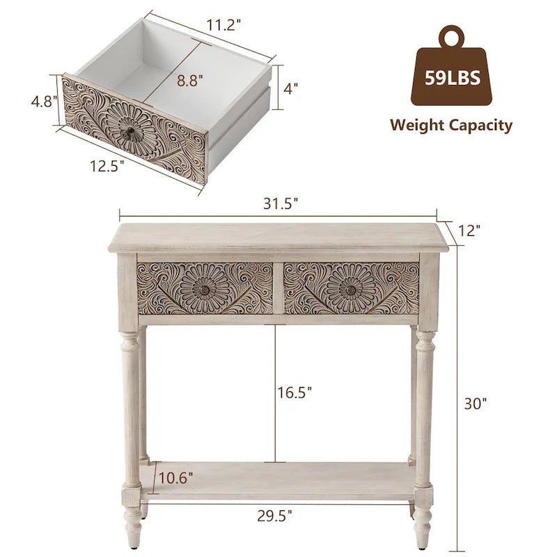 COSIEST Vintage Solid Wood 2-Drawers Console Table-31.5W x 12L x 30H