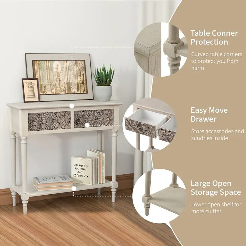 COSIEST Vintage Solid Wood 2-Drawers Console Table-31.5W x 12L x 30H