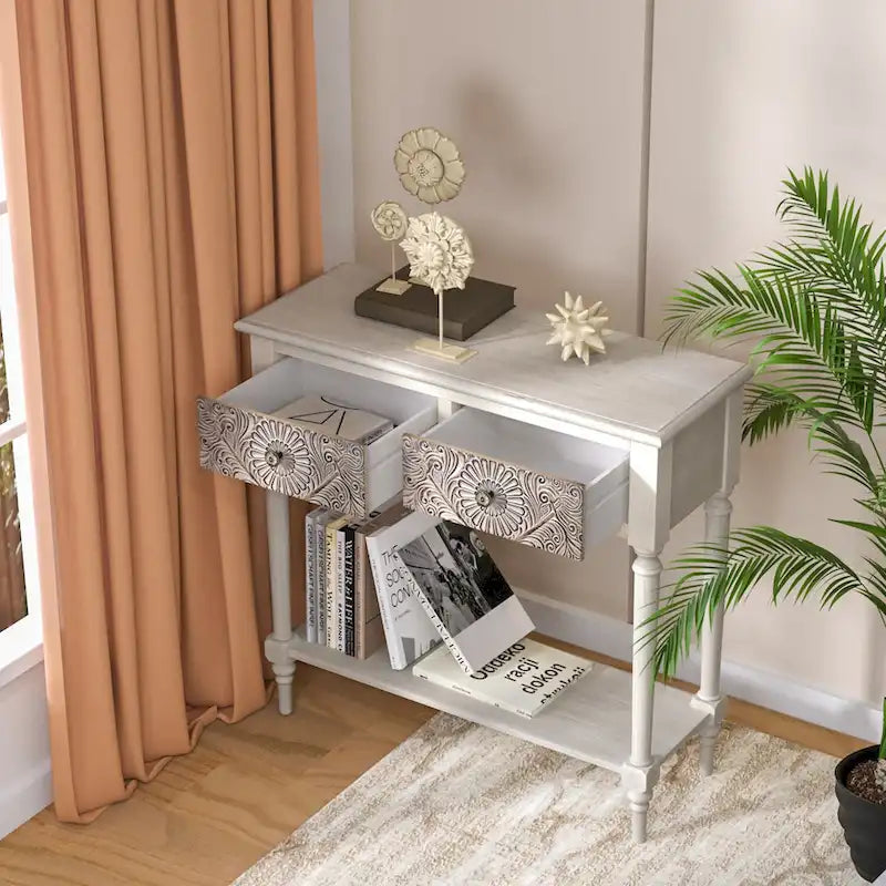 COSIEST Vintage Solid Wood 2-Drawers Console Table-31.5W x 12L x 30H