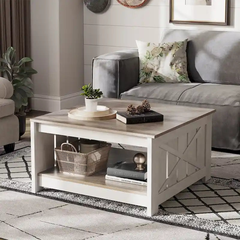 Table basse carrée en bois, style rustique moderne, avec rangement