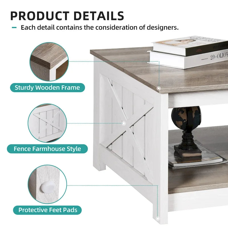 Table basse carrée en bois, style rustique moderne, avec rangement