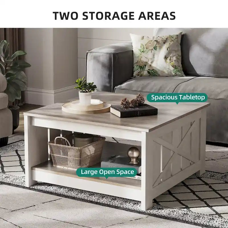 Table basse carrée en bois, style rustique moderne, avec rangement