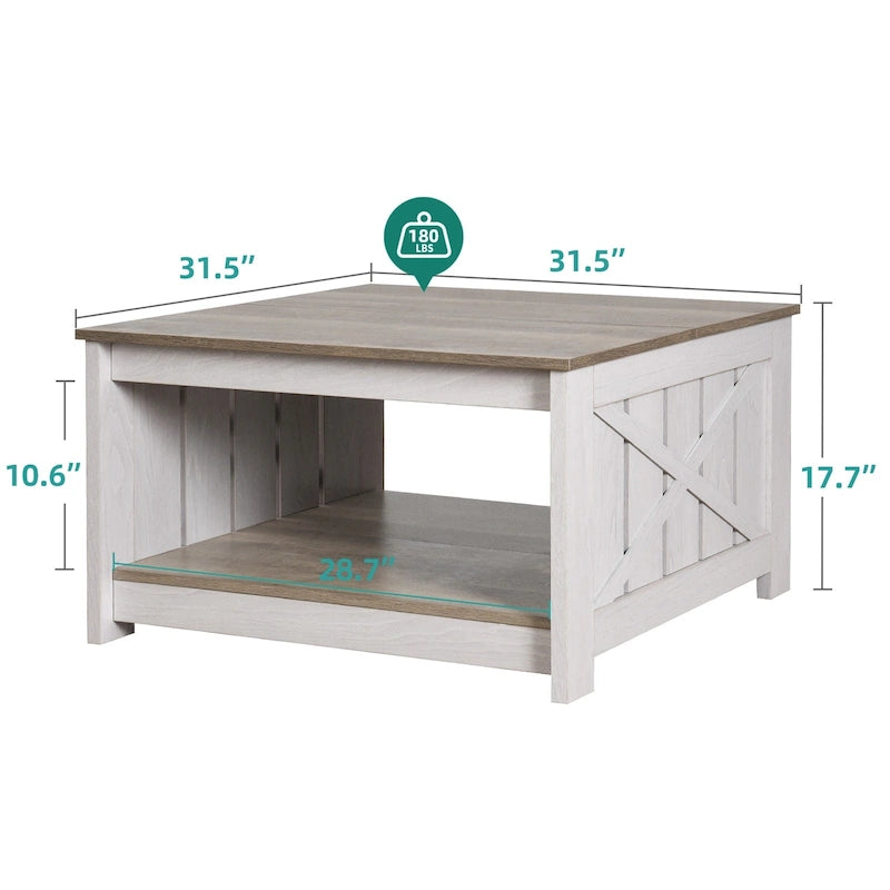 Table basse carrée en bois, style rustique moderne, avec rangement