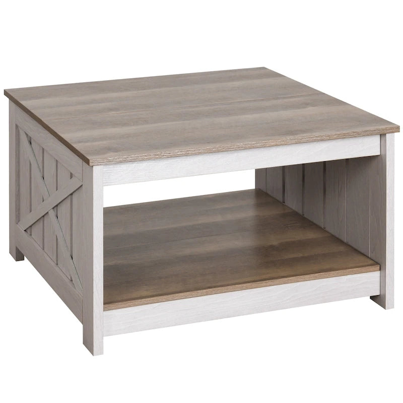 Table basse carrée en bois, style rustique moderne, avec rangement