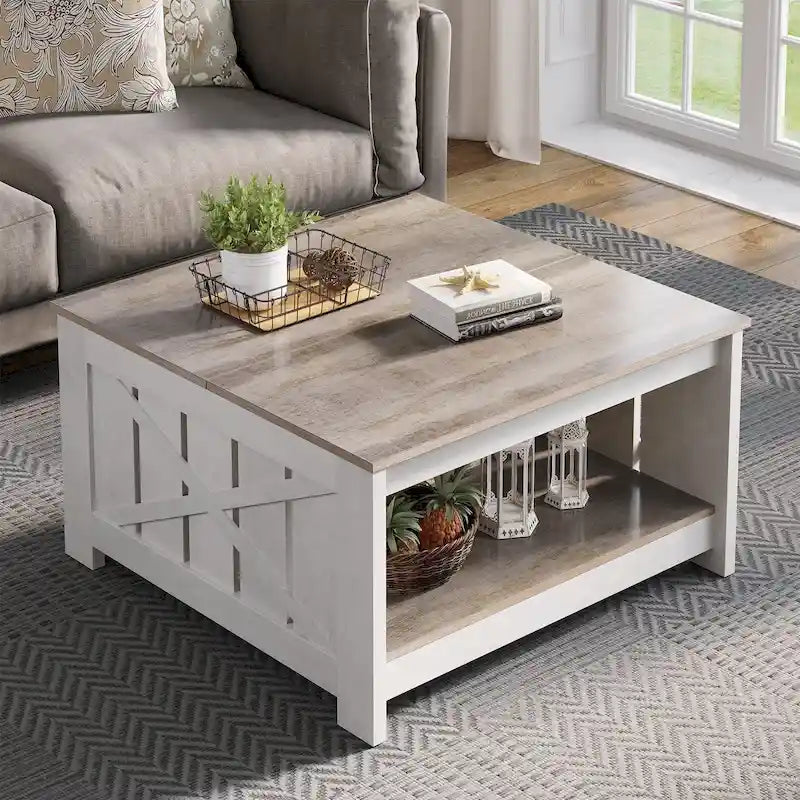Table basse carrée en bois, style rustique moderne, avec rangement