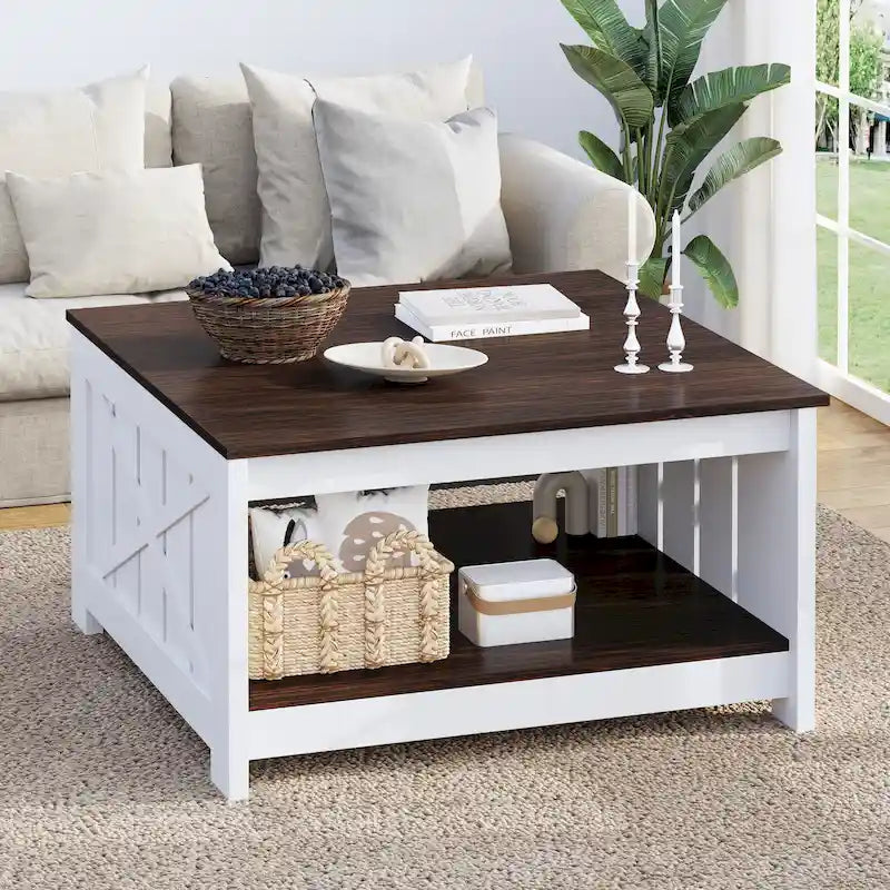 Table basse carrée en bois, style rustique moderne, avec rangement
