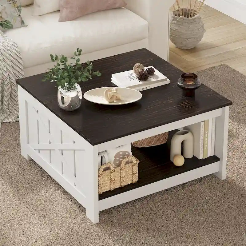 Table basse carrée en bois, style rustique moderne, avec rangement