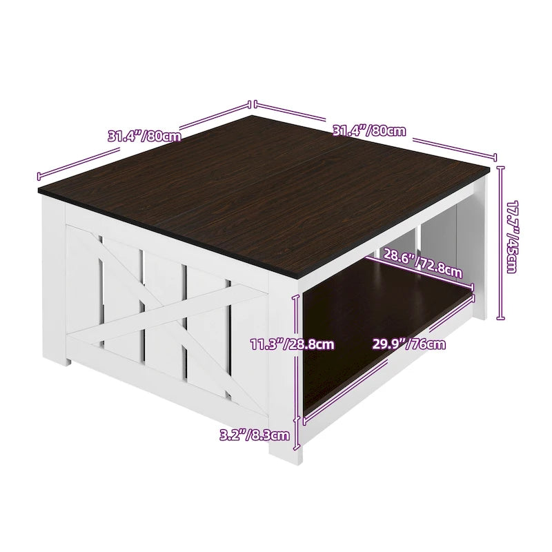 Table basse carrée en bois, style rustique moderne, avec rangement
