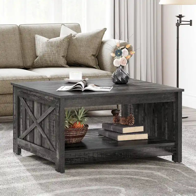 Table basse carrée en bois, style rustique moderne, avec rangement