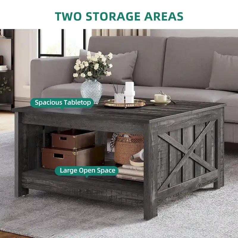 Table basse carrée en bois, style rustique moderne, avec rangement