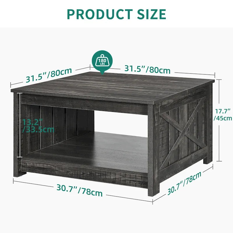 Table basse carrée en bois, style rustique moderne, avec rangement