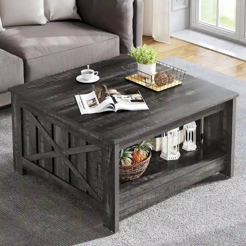 Table basse carrée en bois, style rustique moderne, avec rangement
