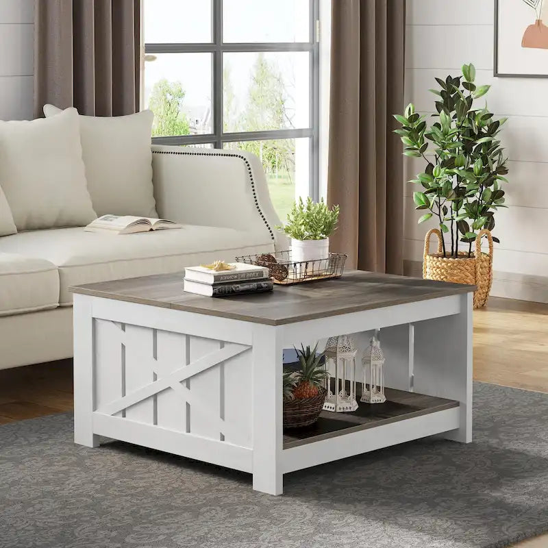 Table basse carrée en bois, style rustique moderne, avec rangement