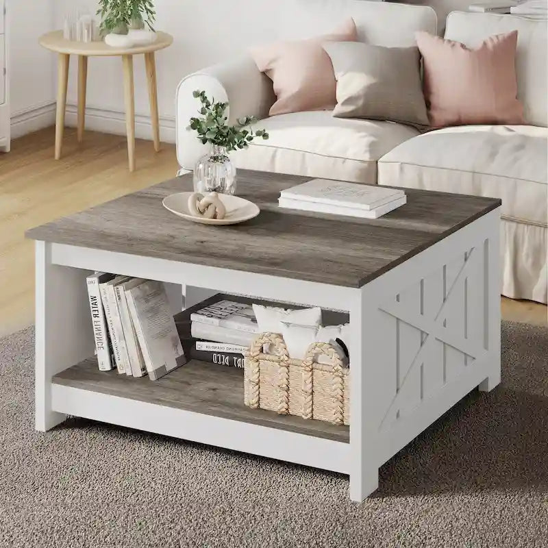 Table basse carrée en bois, style rustique moderne, avec rangement