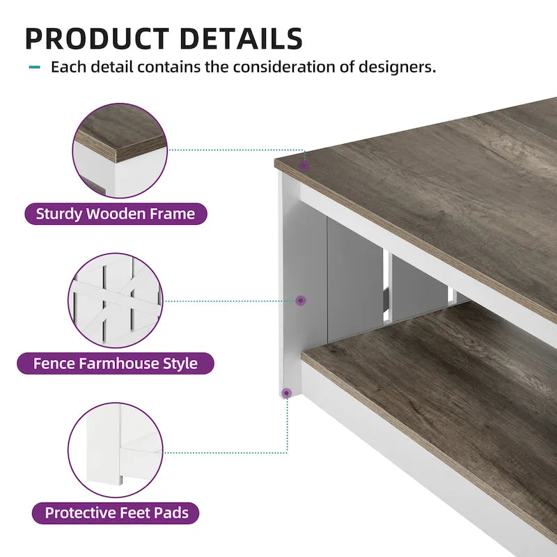 Table basse carrée en bois, style rustique moderne, avec rangement