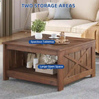 Table basse carrée en bois, style rustique moderne, avec rangement