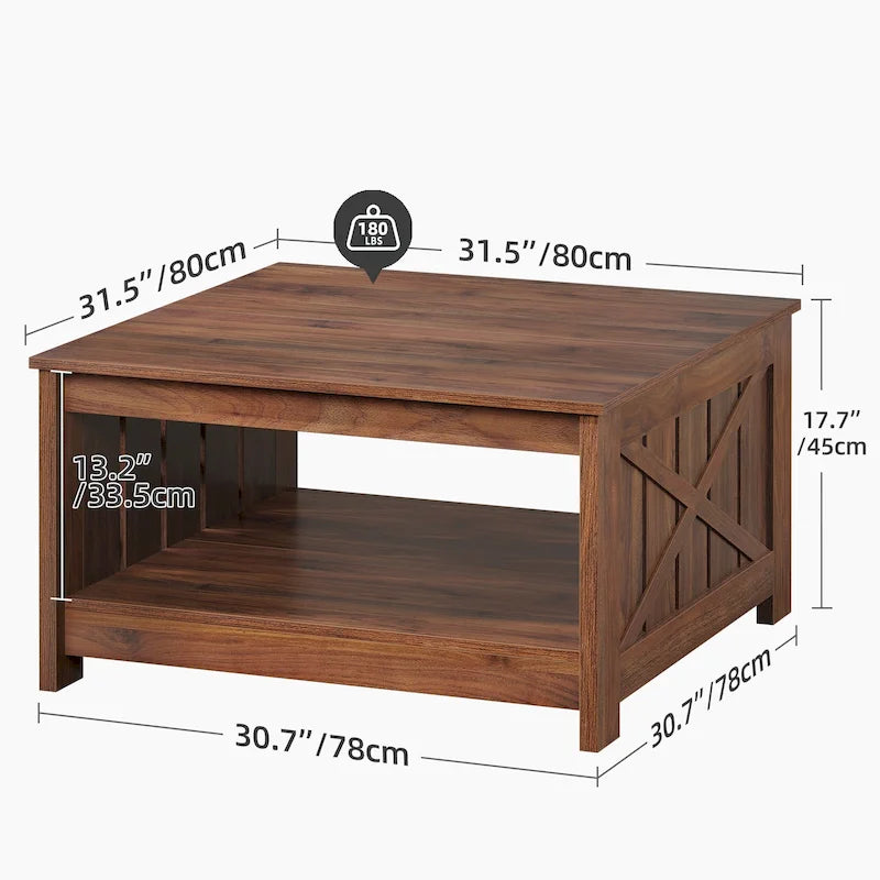 Table basse carrée en bois, style rustique moderne, avec rangement