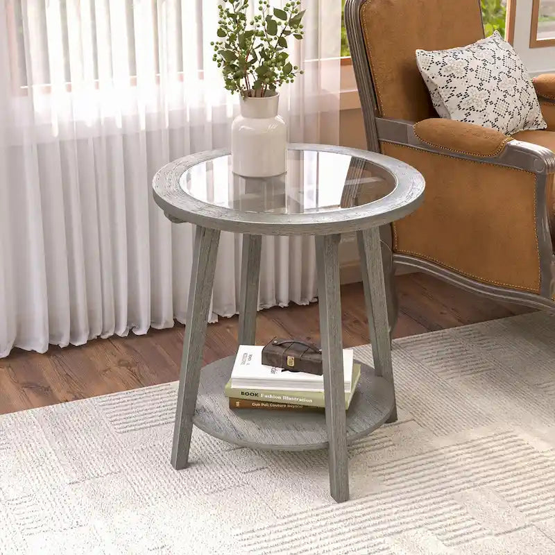 Tavolino rotondo in vetro a 2 livelli COSIEST per soggiorno - 56x56x61 cm