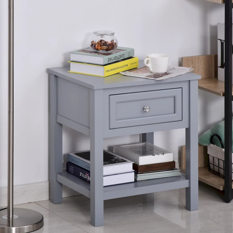 HOMCOM Comodino Tavolino da Salotto con Piano Grigio, Cassetto Contenitore e Ripiano Inferiore