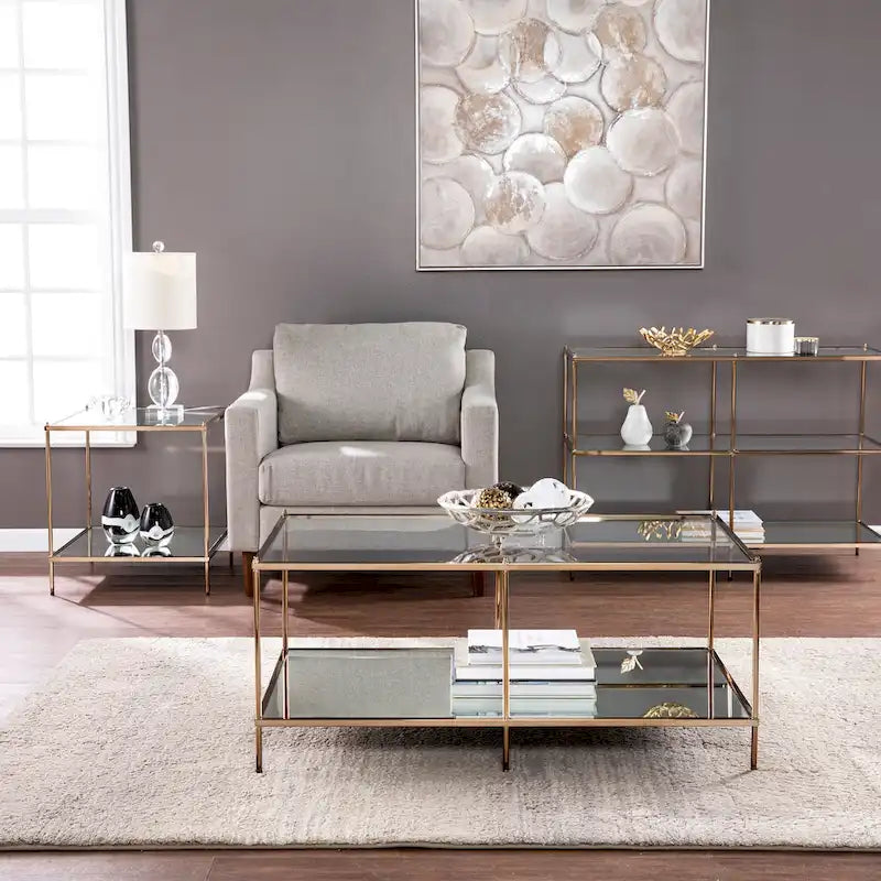Tavolino da caffè rettangolare SEI Furniture Grant Goldtone con piano in vetro e ripiano inferiore