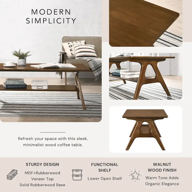 Tavolino da caffè in legno Arona di Roundhill Furniture, stile moderno di metà secolo, con ripiano