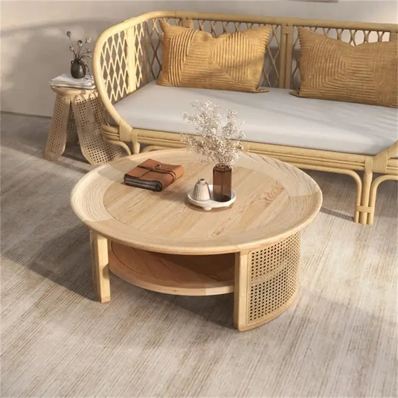 Tavolino da caffè rotondo a 2 ripiani JASIWAY in legno con base in rattan