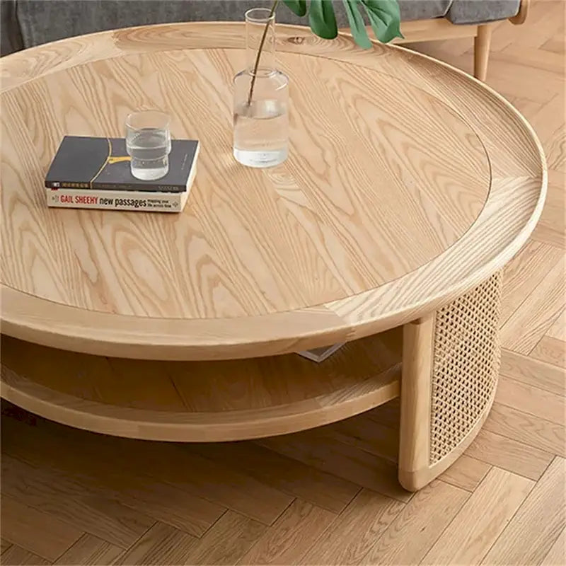 Tavolino da caffè rotondo a 2 ripiani JASIWAY in legno con base in rattan