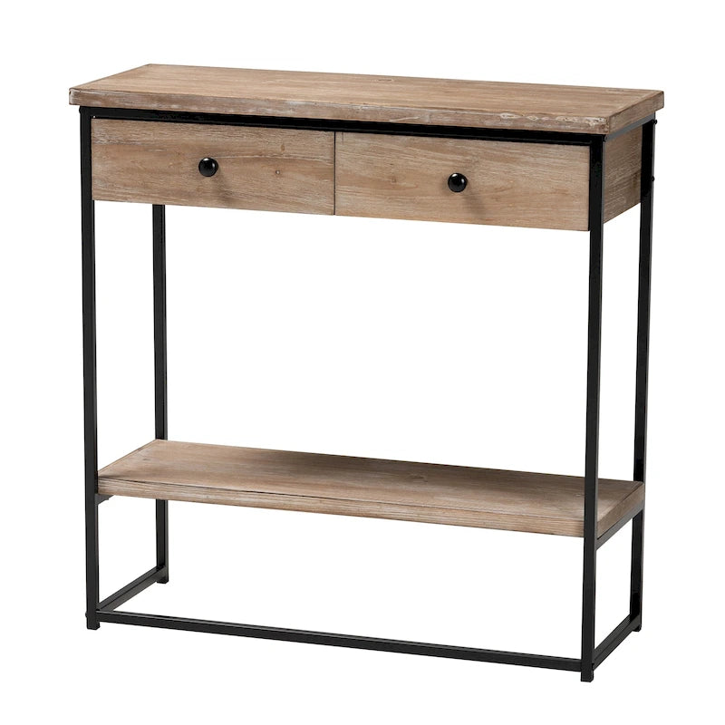 Consolle Silas moderna industriale con 2 cassetti in legno marrone naturale e metallo nero