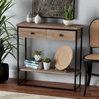 Silas Modern Industrial Natural Brown Finished Wood and Black Metal 2-Drawer Console Table