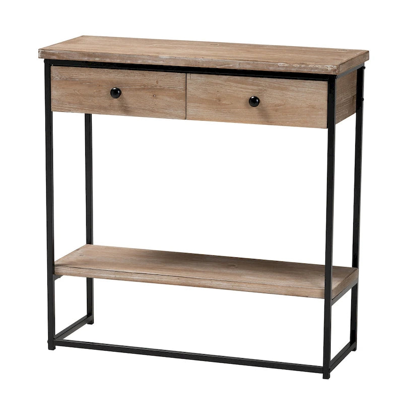 Consolle Silas moderna industriale con 2 cassetti in legno marrone naturale e metallo nero
