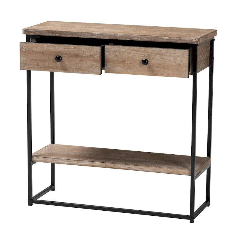 Consolle Silas moderna industriale con 2 cassetti in legno marrone naturale e metallo nero